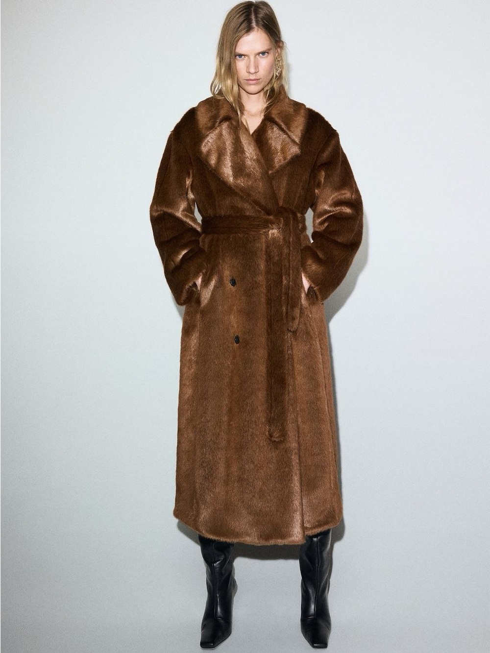 Mango selection Luxurious Brown Faux Fur Belted Long Coat
